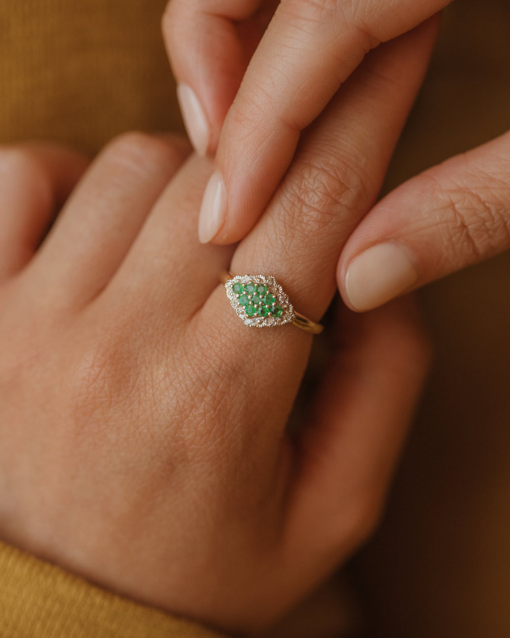 Eugenie Vintage 9ct Gold Emerald & Diamond Cluster Ring