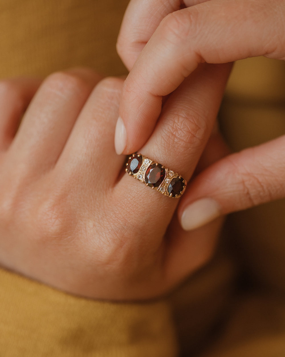 Alfreda 1980 9ct Gold Garnet Trilogy Ring