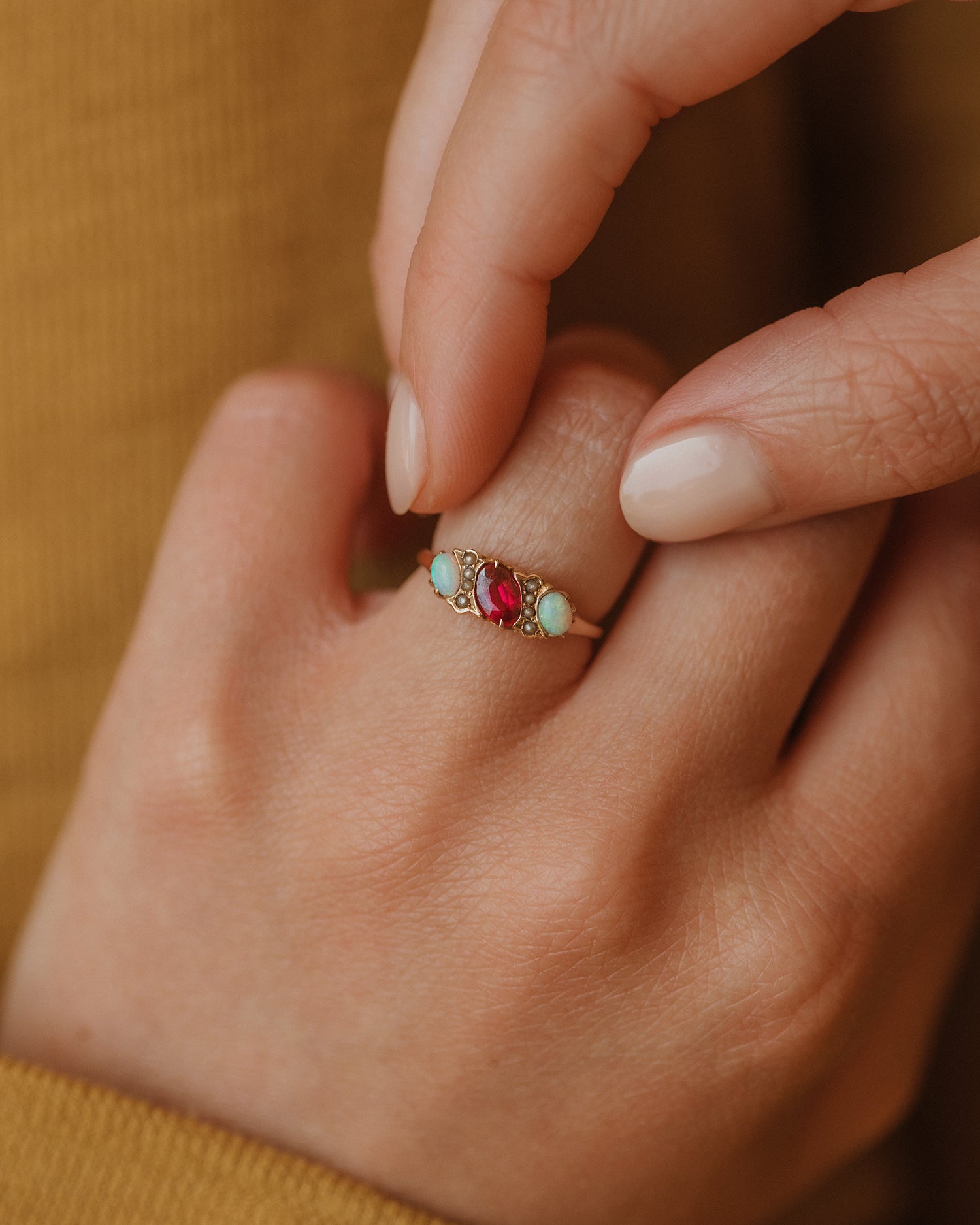 Rosie Antique 18ct Gold Ruby, Opal & Pearl Ring