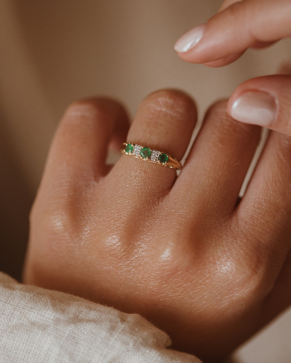 Mathilda Vintage 9ct Gold Emerald & Diamond Trilogy Ring