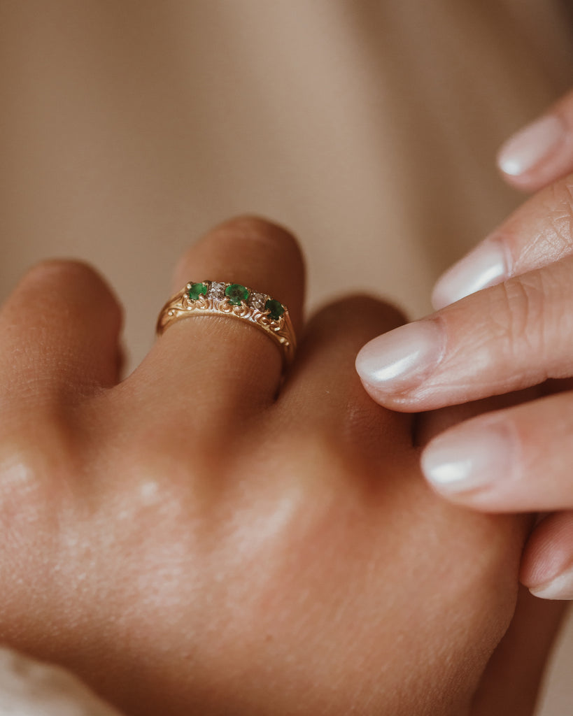 Mathilda Vintage 9ct Gold Emerald & Diamond Trilogy Ring