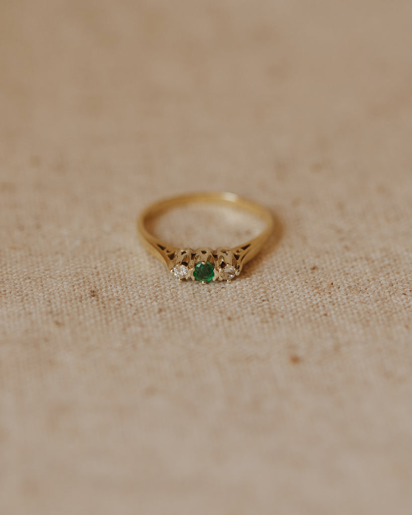 Isla 1987 9ct Gold Emerald & Diamond Trilogy Ring