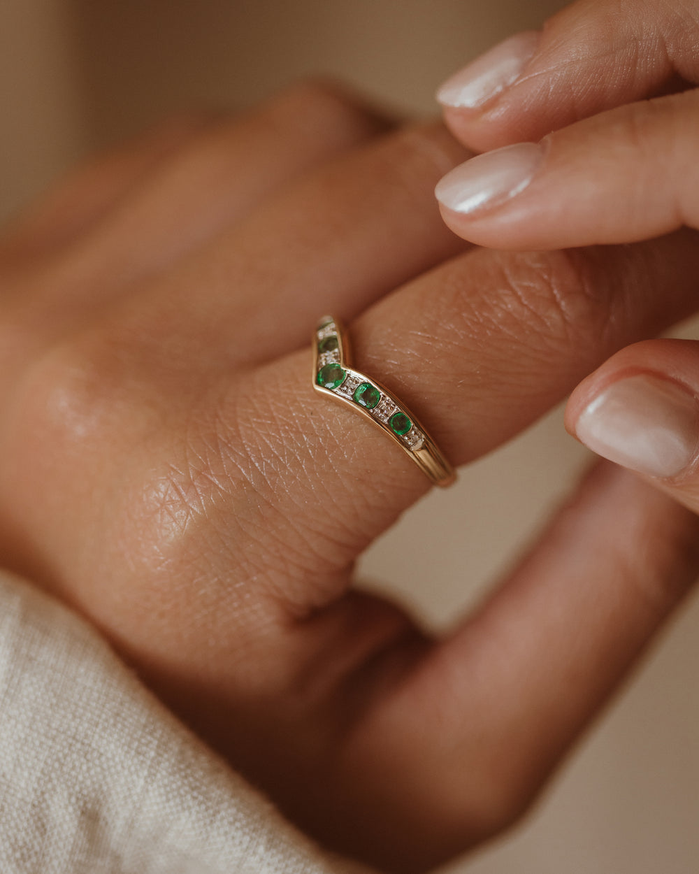 Daphne Vintage 9ct Gold Emerald & Diamond Wishbone Ring