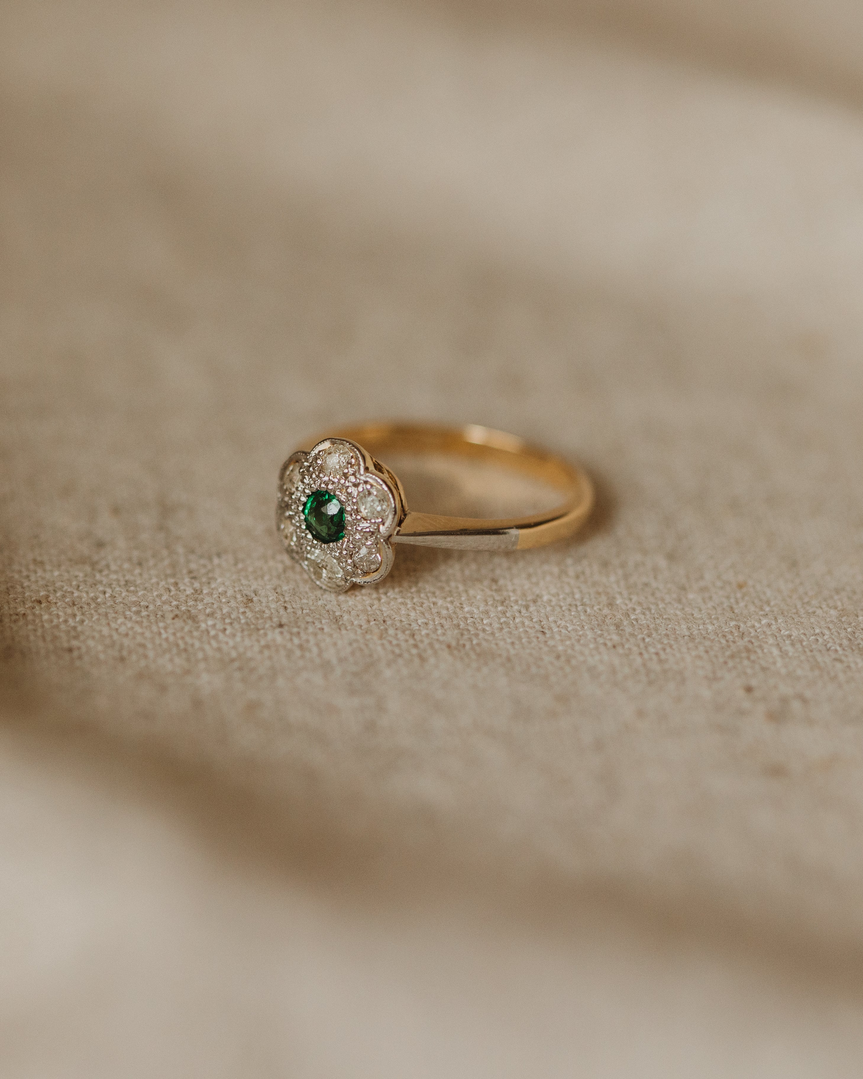 Francine Antique 18ct Gold Emerald & Diamond Flower Cluster Ring