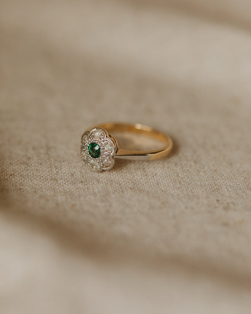 Francine Antique 18ct Gold Emerald & Diamond Flower Cluster Ring