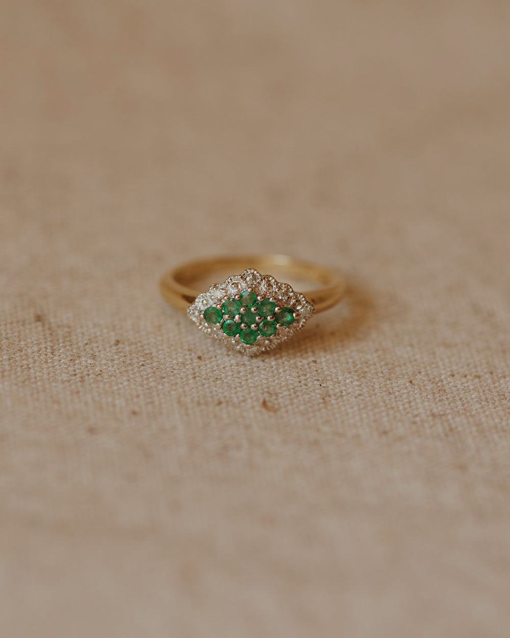 Eugenie Vintage 9ct Gold Emerald & Diamond Cluster Ring