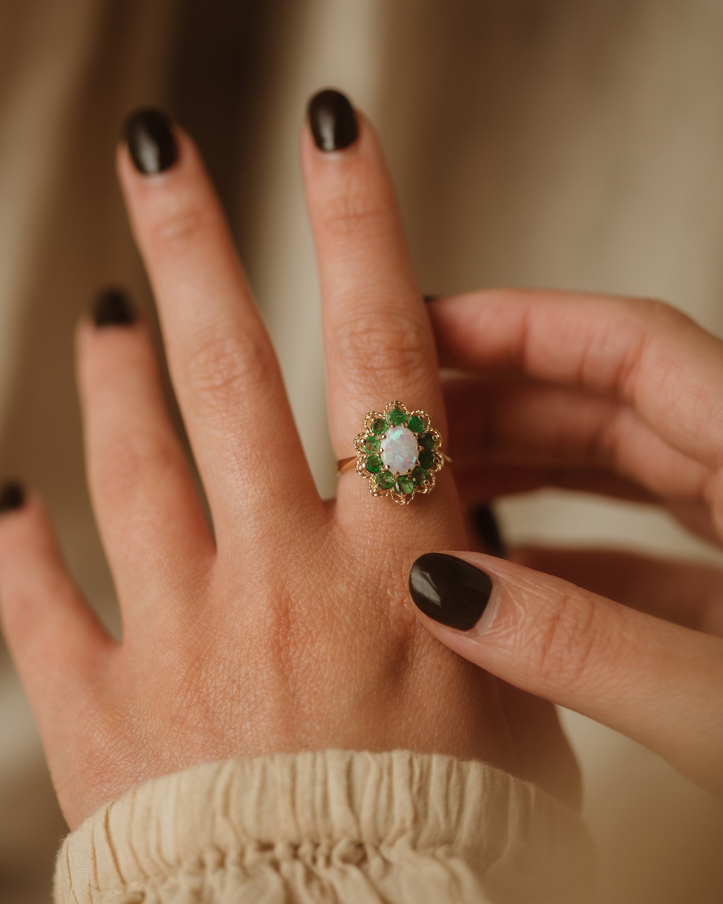 Image of Irene 1977 9ct Gold Opal & Emerald Cluster Ring