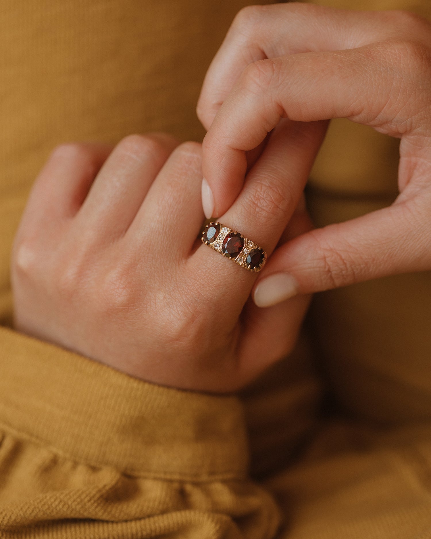 Alfreda 1980 9ct Gold Garnet Trilogy Ring