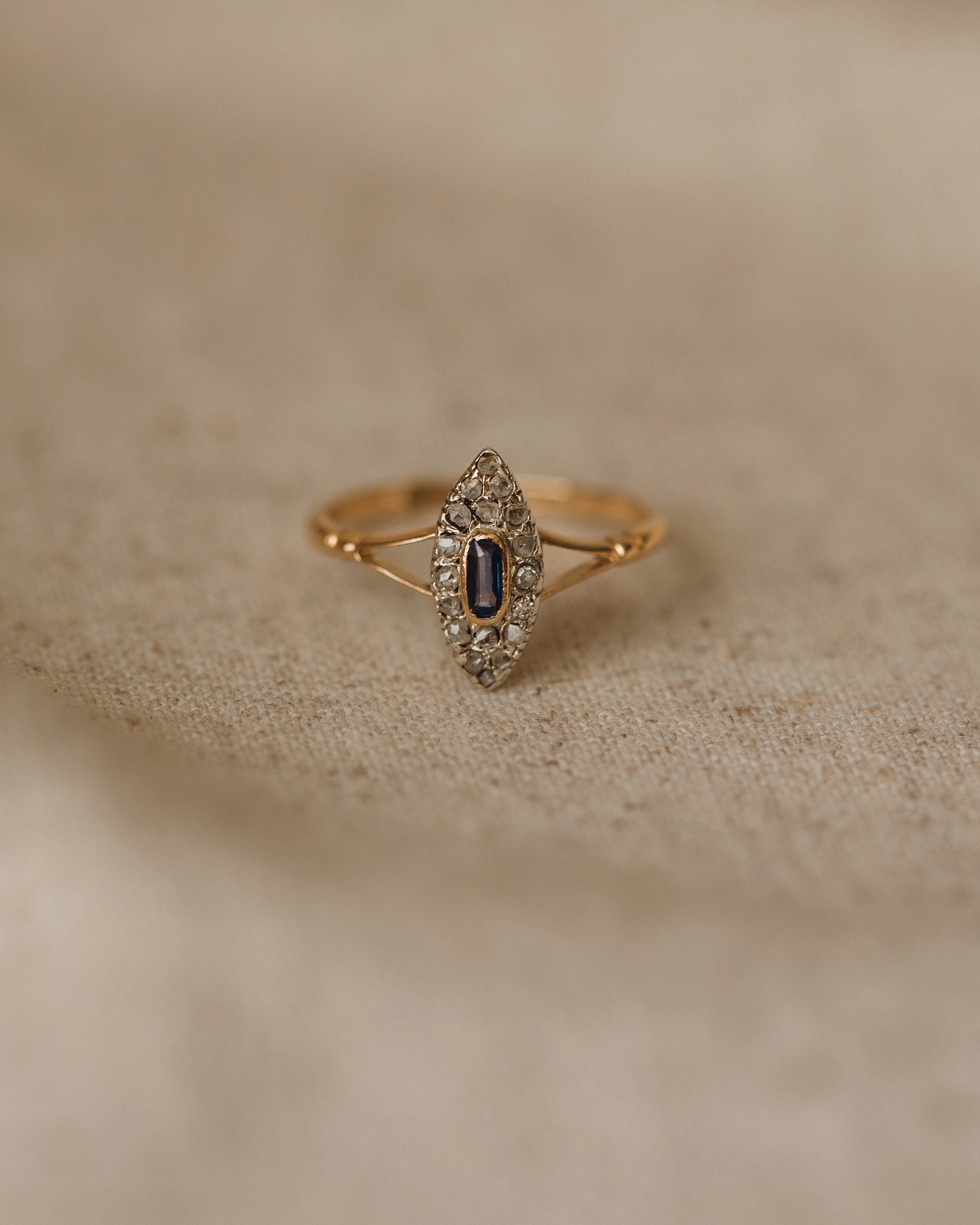 Hannah Antique 18ct Gold Sapphire & Diamond Navette Ring