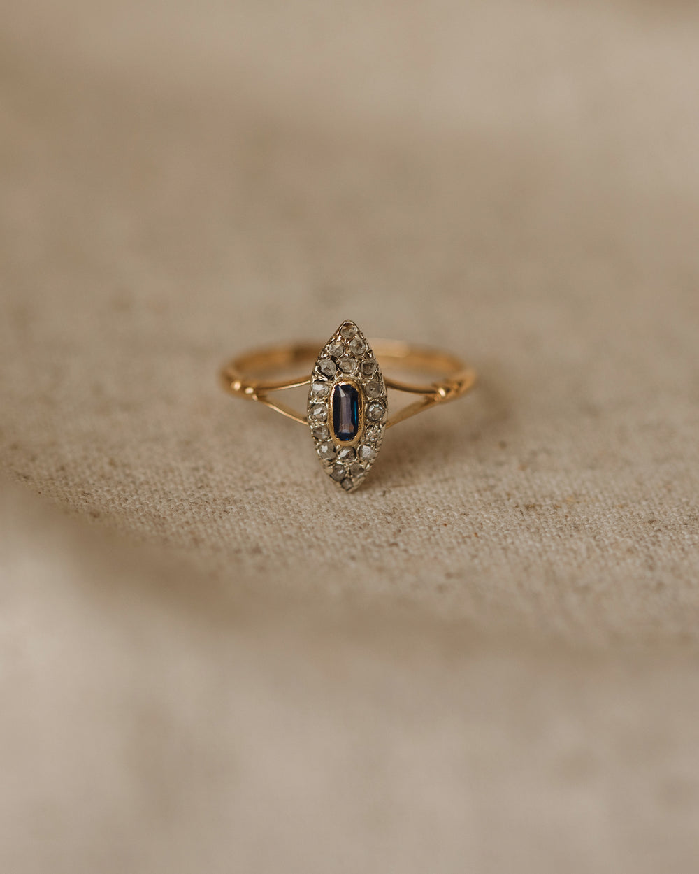Hannah Antique 18ct Gold Sapphire & Diamond Navette Ring