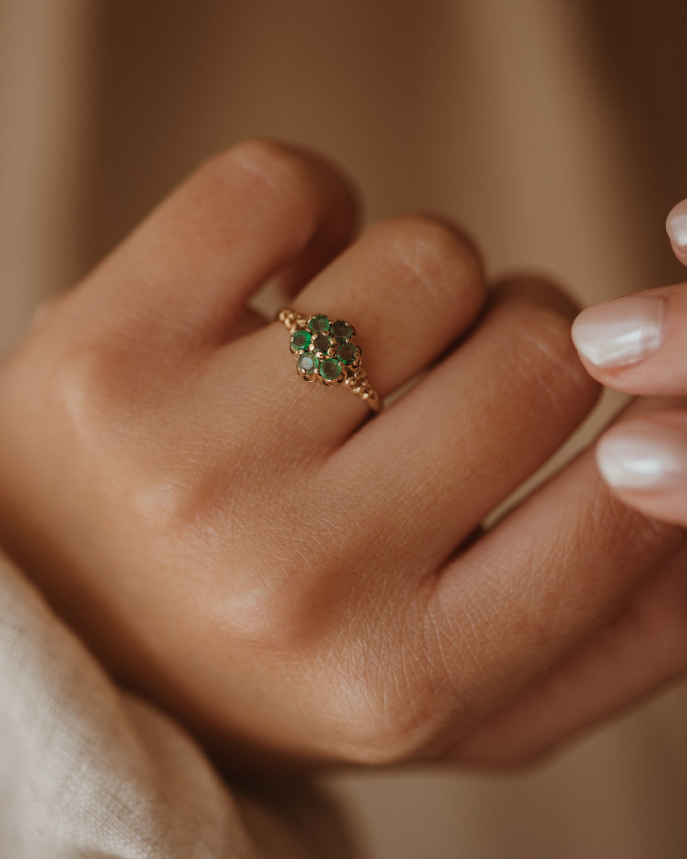 Annette Vintage 9ct Gold Emerald Flower Cluster Ring