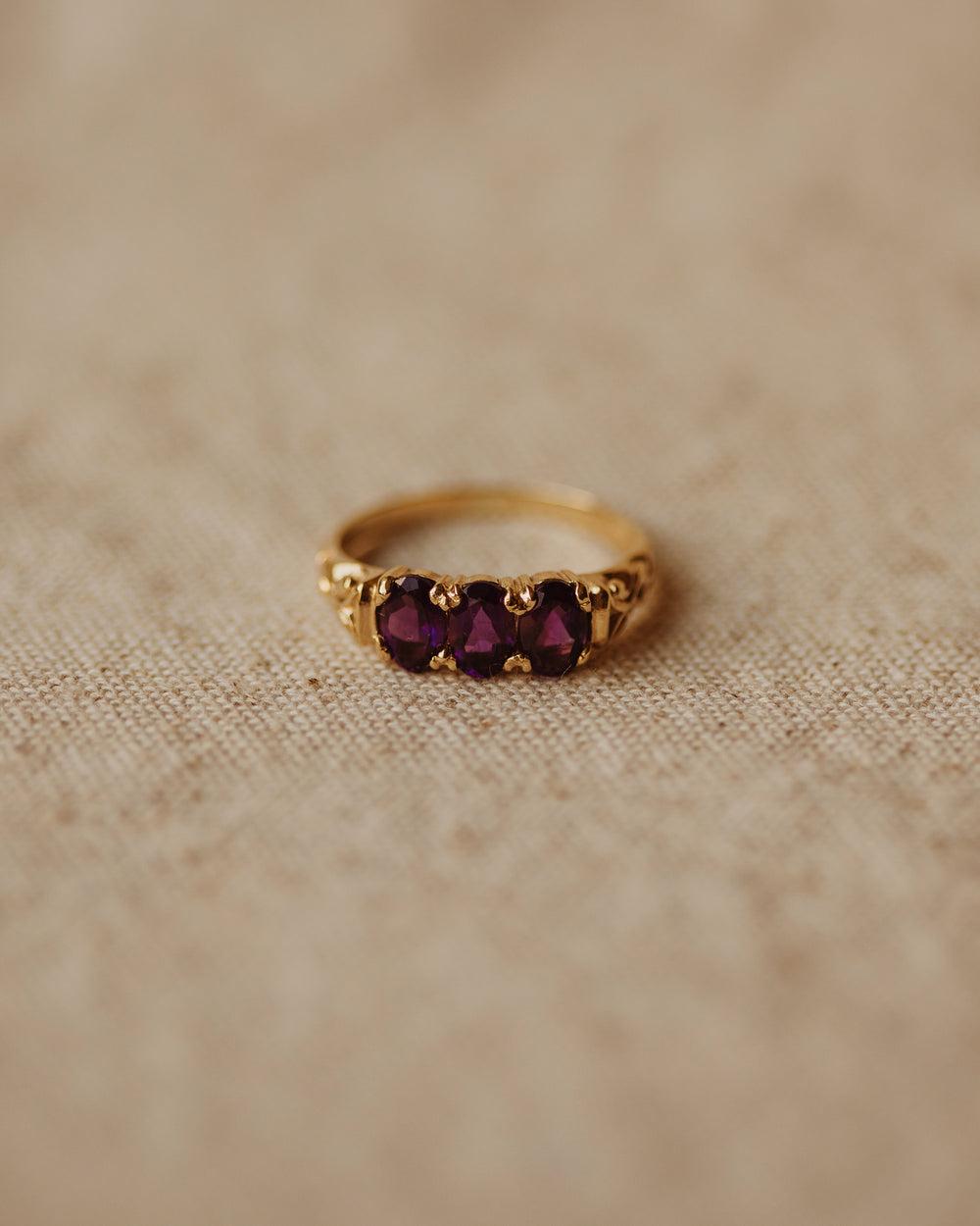 Mamie 1984 9ct Gold Amethyst Trilogy Ring