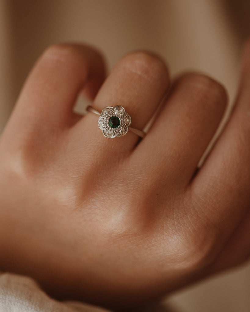 Francine Antique 18ct Gold Emerald & Diamond Flower Cluster Ring