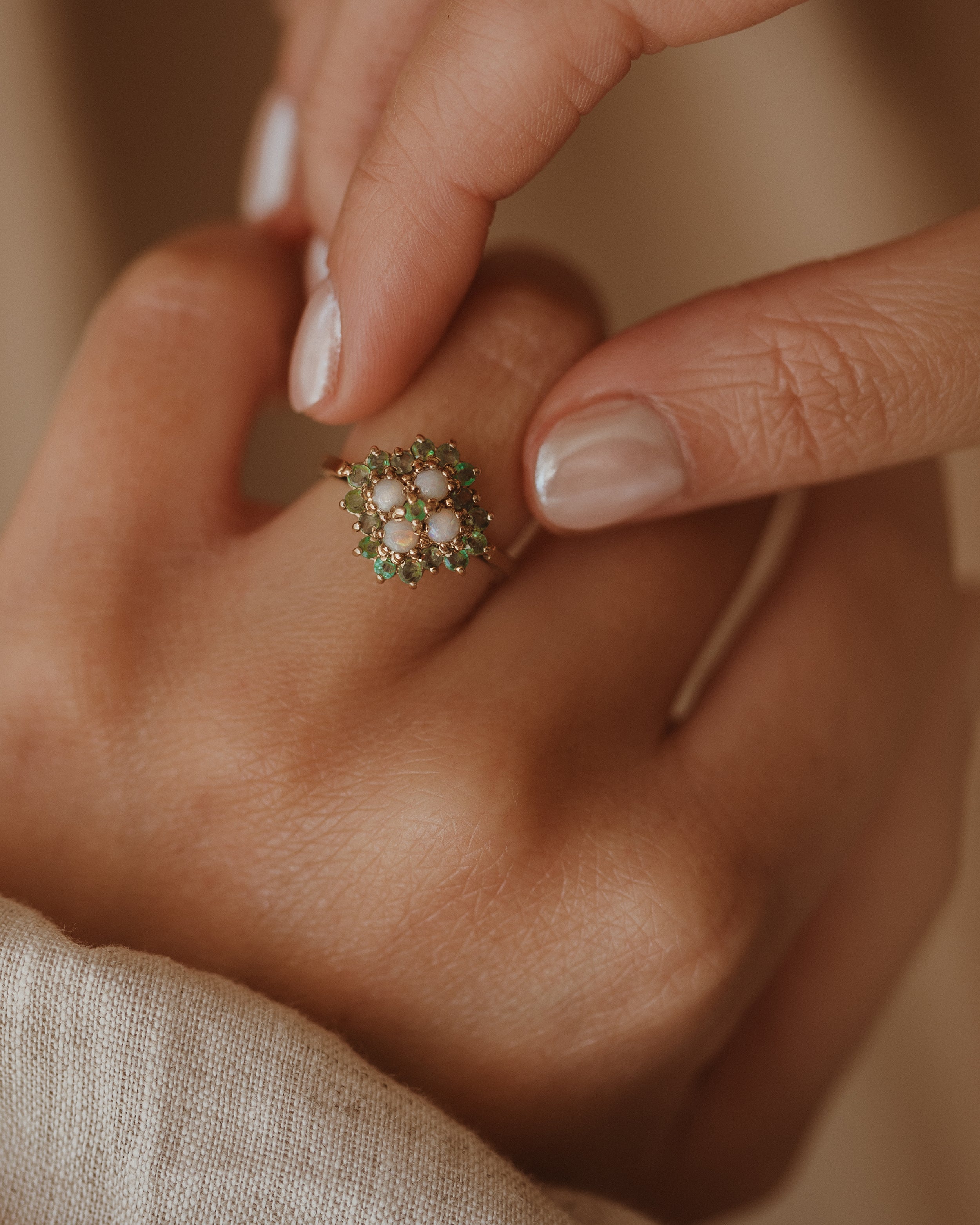 Edwina 1975 9ct Gold Emerald & Opal Cluster Ring