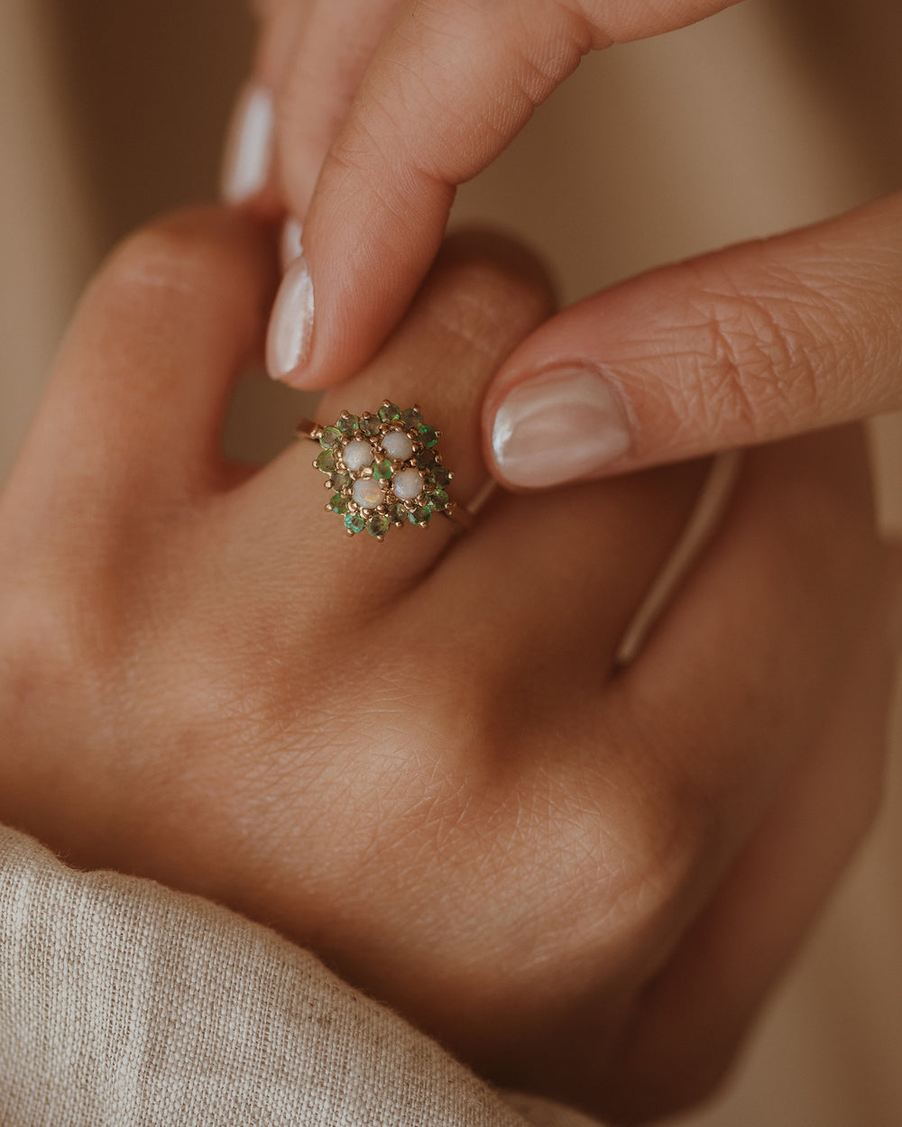 Edwina 1975 9ct Gold Emerald & Opal Cluster Ring