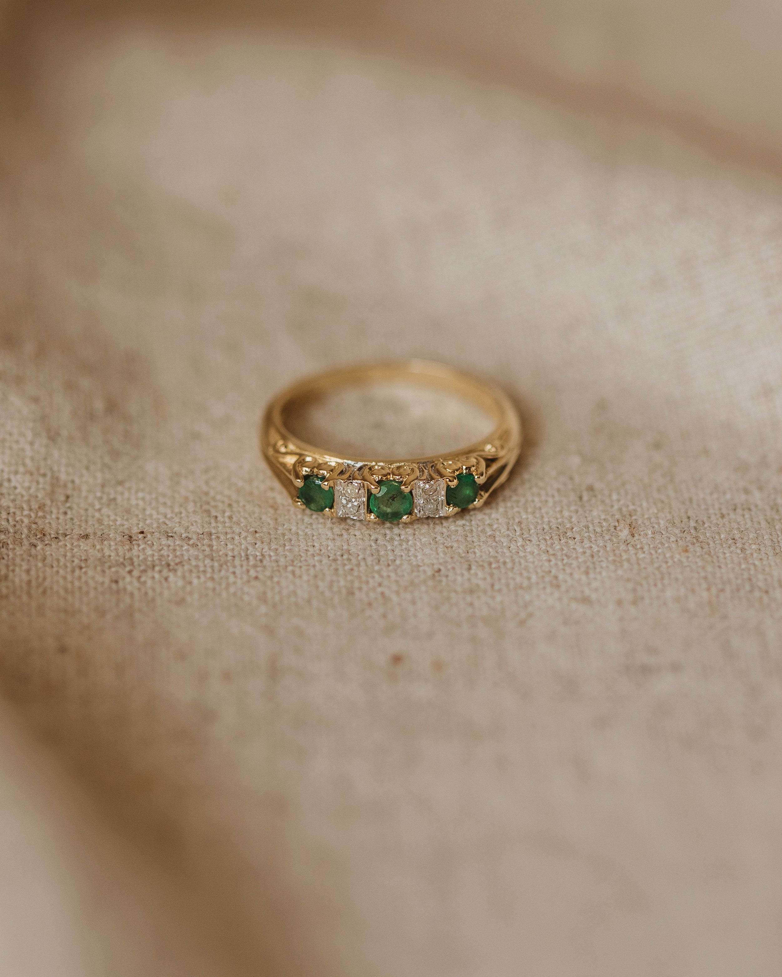 Image of Mathilda Vintage 9ct Gold Emerald & Diamond Trilogy Ring