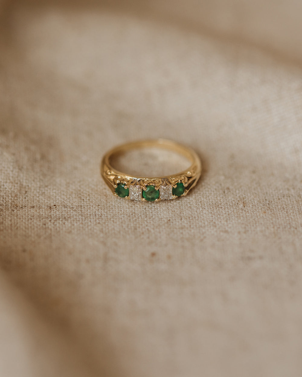 Mathilda Vintage 9ct Gold Emerald & Diamond Trilogy Ring