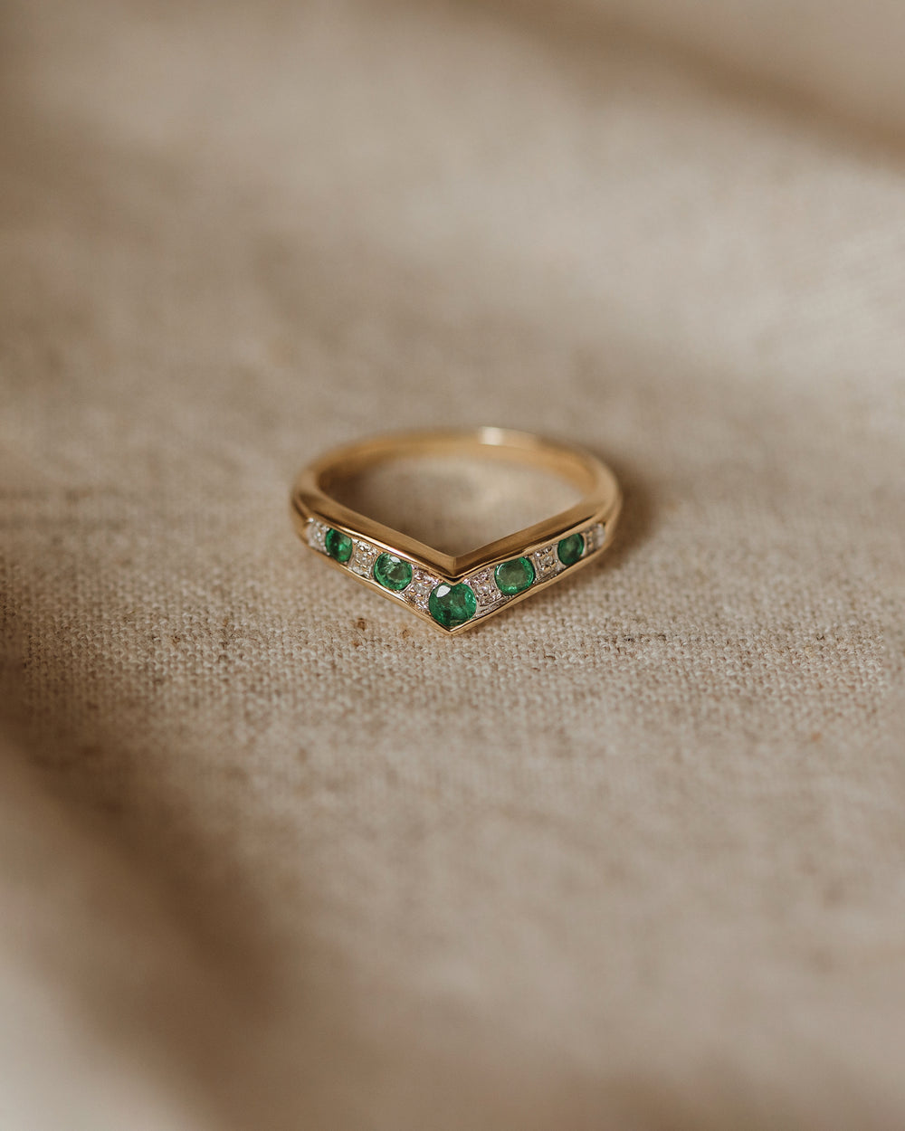 Daphne Vintage 9ct Gold Emerald & Diamond Wishbone Ring