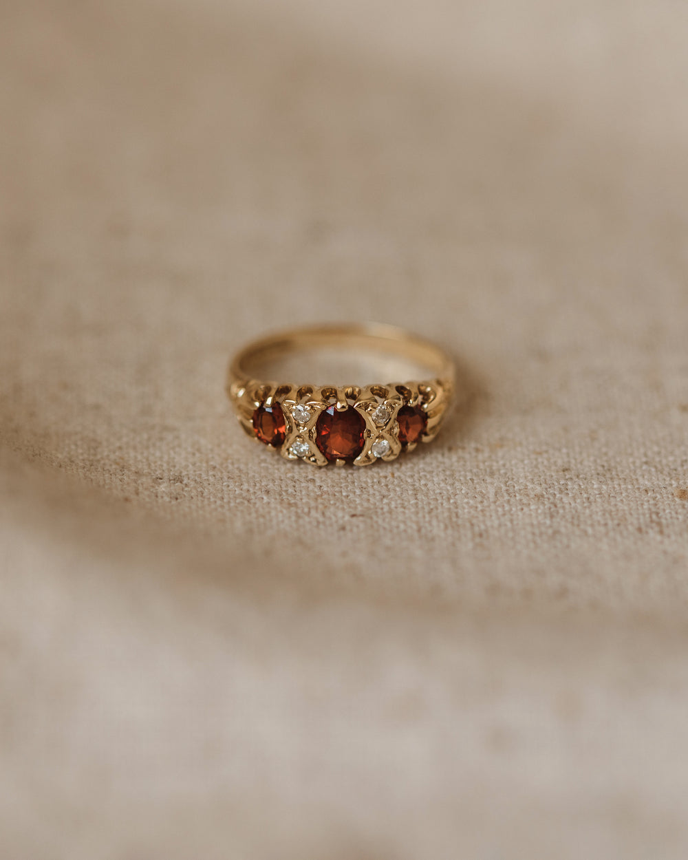 Camilla 1989 9ct Gold Garnet & Diamond Trilogy Ring