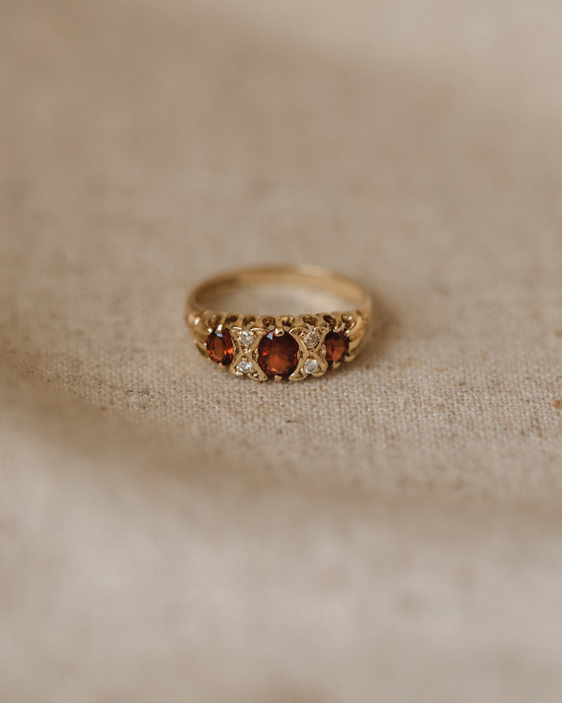 Camilla 1989 9ct Gold Garnet & Diamond Trilogy Ring