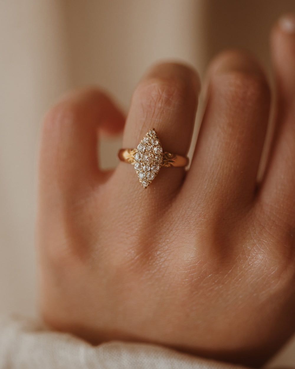 Beatrix Antique 18ct Gold Diamond Navette Ring
