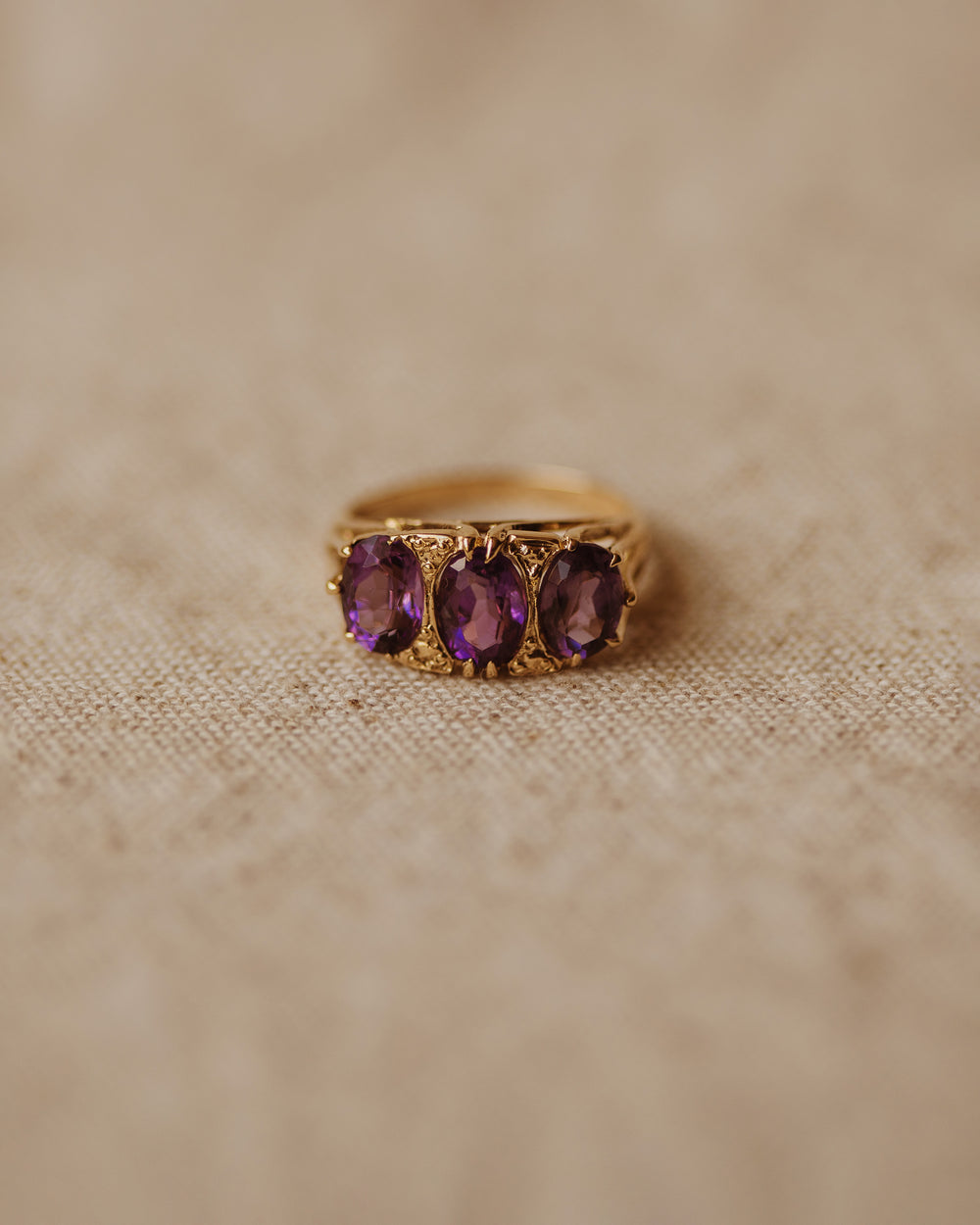 Virgie Vintage 9ct Gold Amethyst Trilogy Ring
