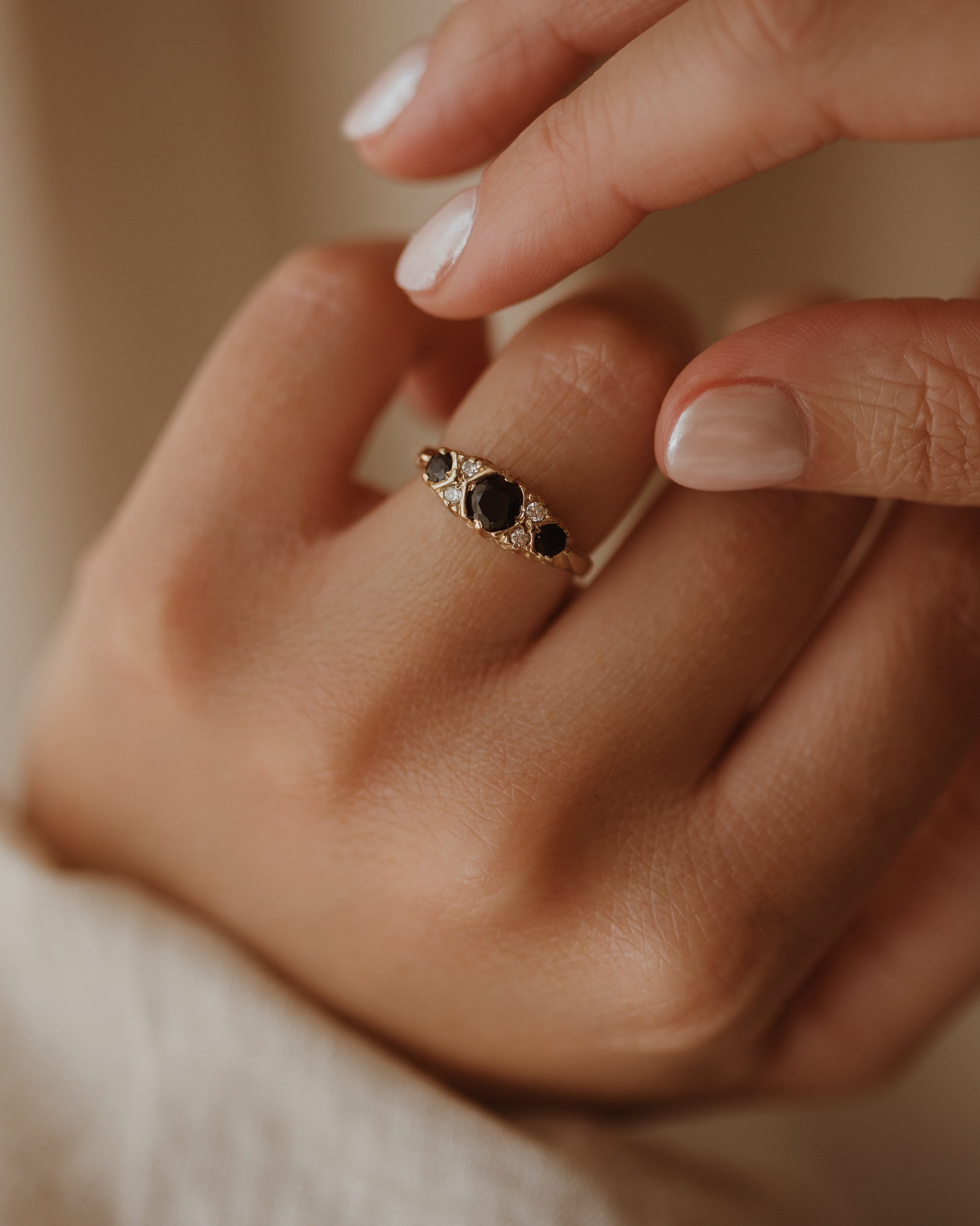 Image of Idella Vintage 9ct Gold Sapphire Trilogy Ring
