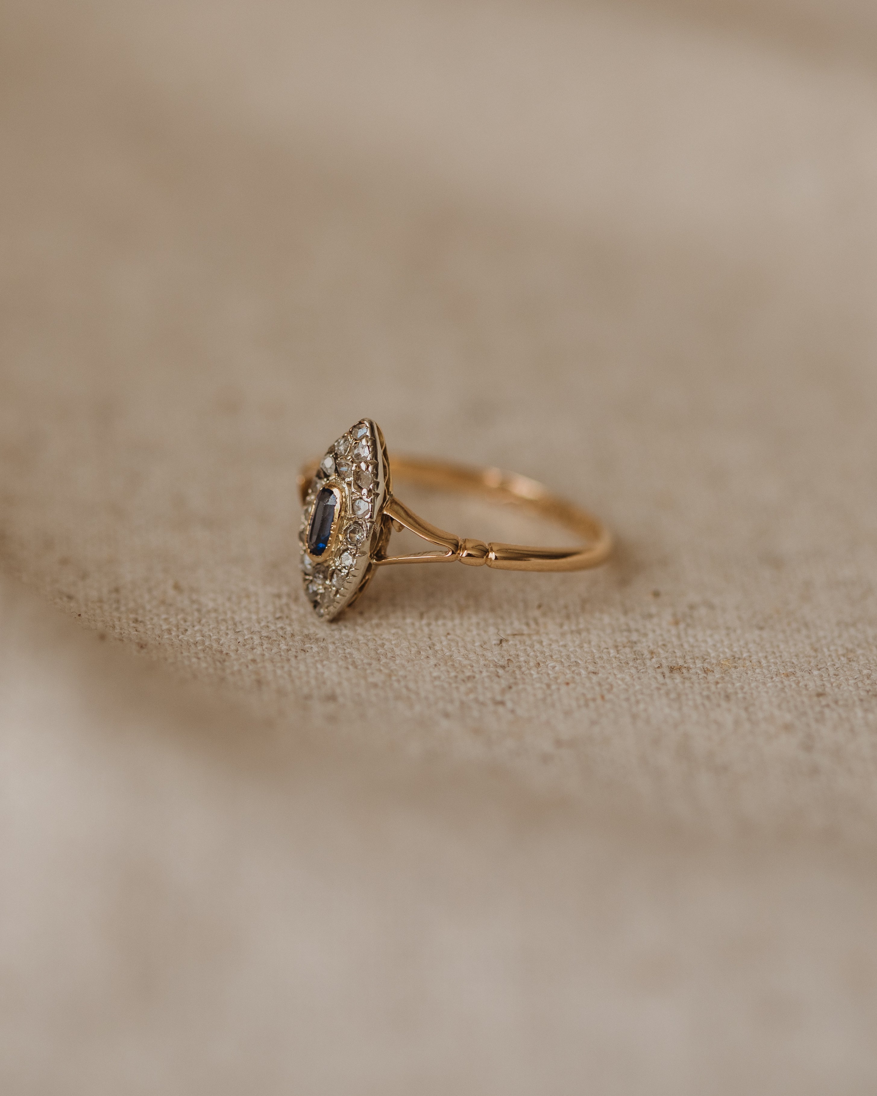 Hannah Antique 18ct Gold Sapphire & Diamond Navette Ring