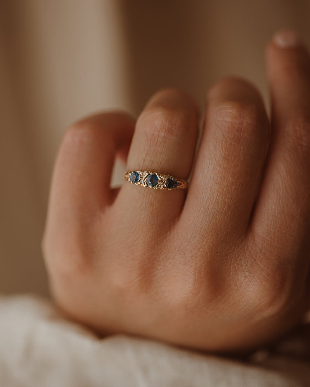 Jemima Vintage 9ct Gold Sapphire & Diamond Trilogy Ring