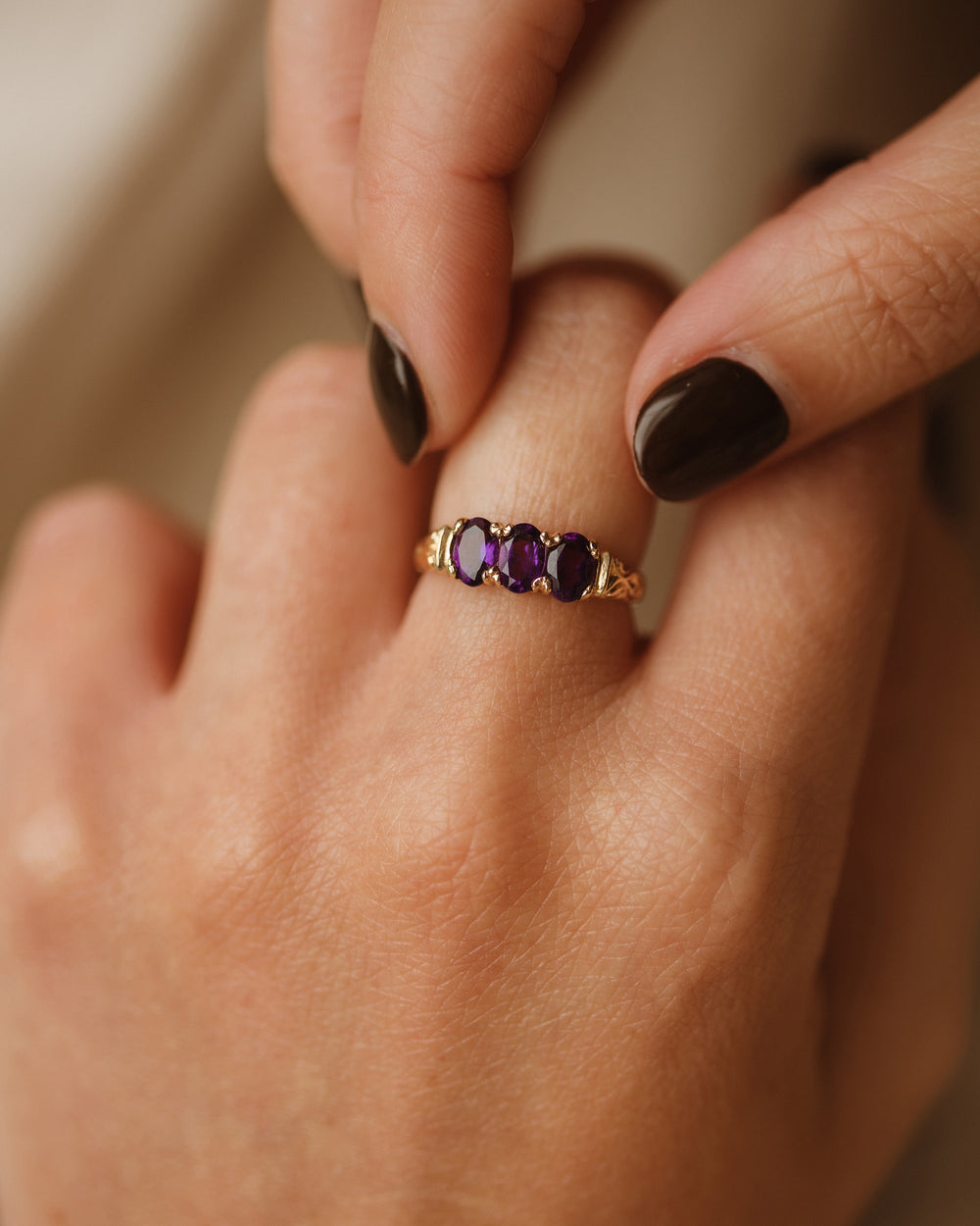 Mamie 1984 9ct Gold Amethyst Trilogy Ring