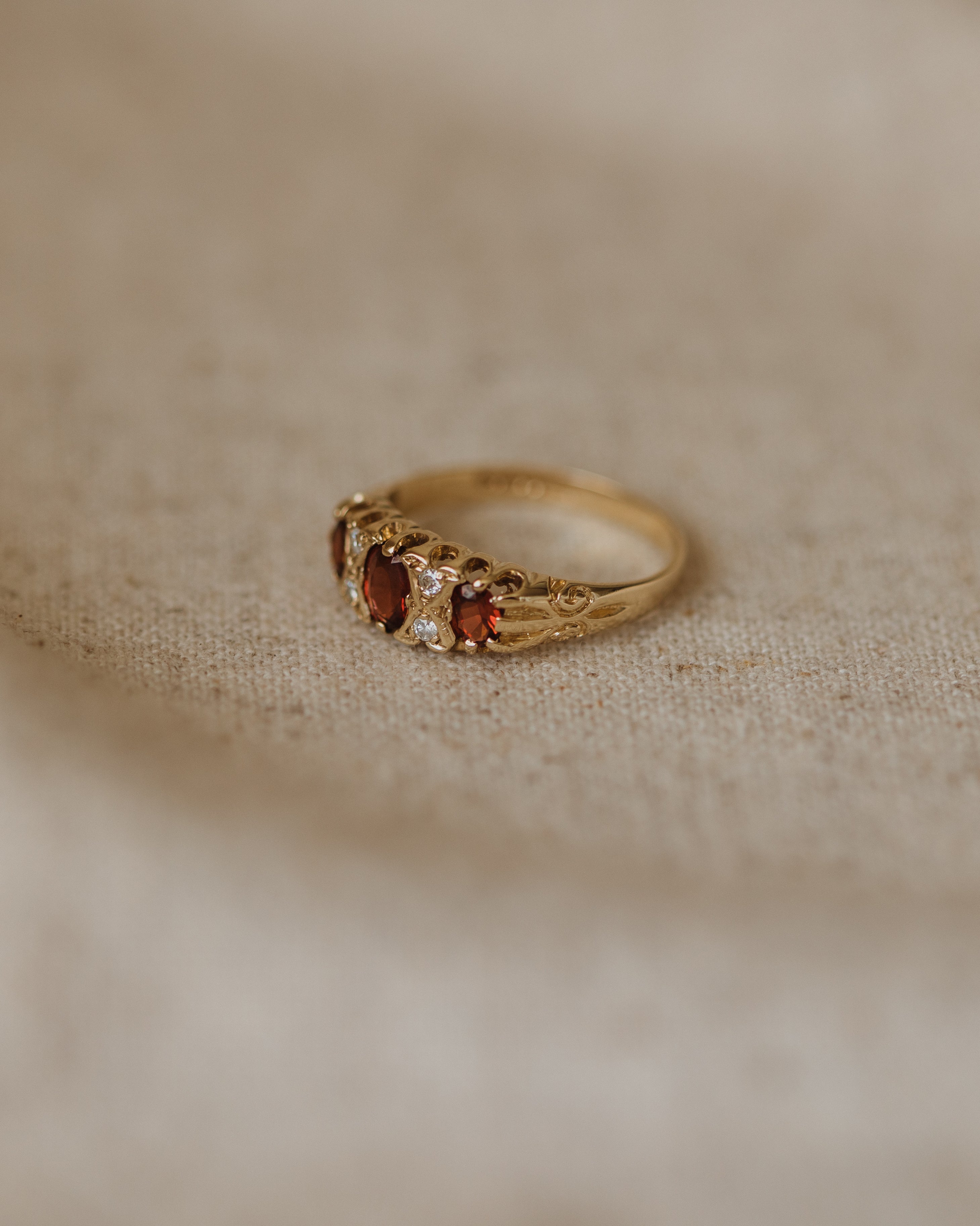 Camilla 1989 9ct Gold Garnet & Diamond Trilogy Ring