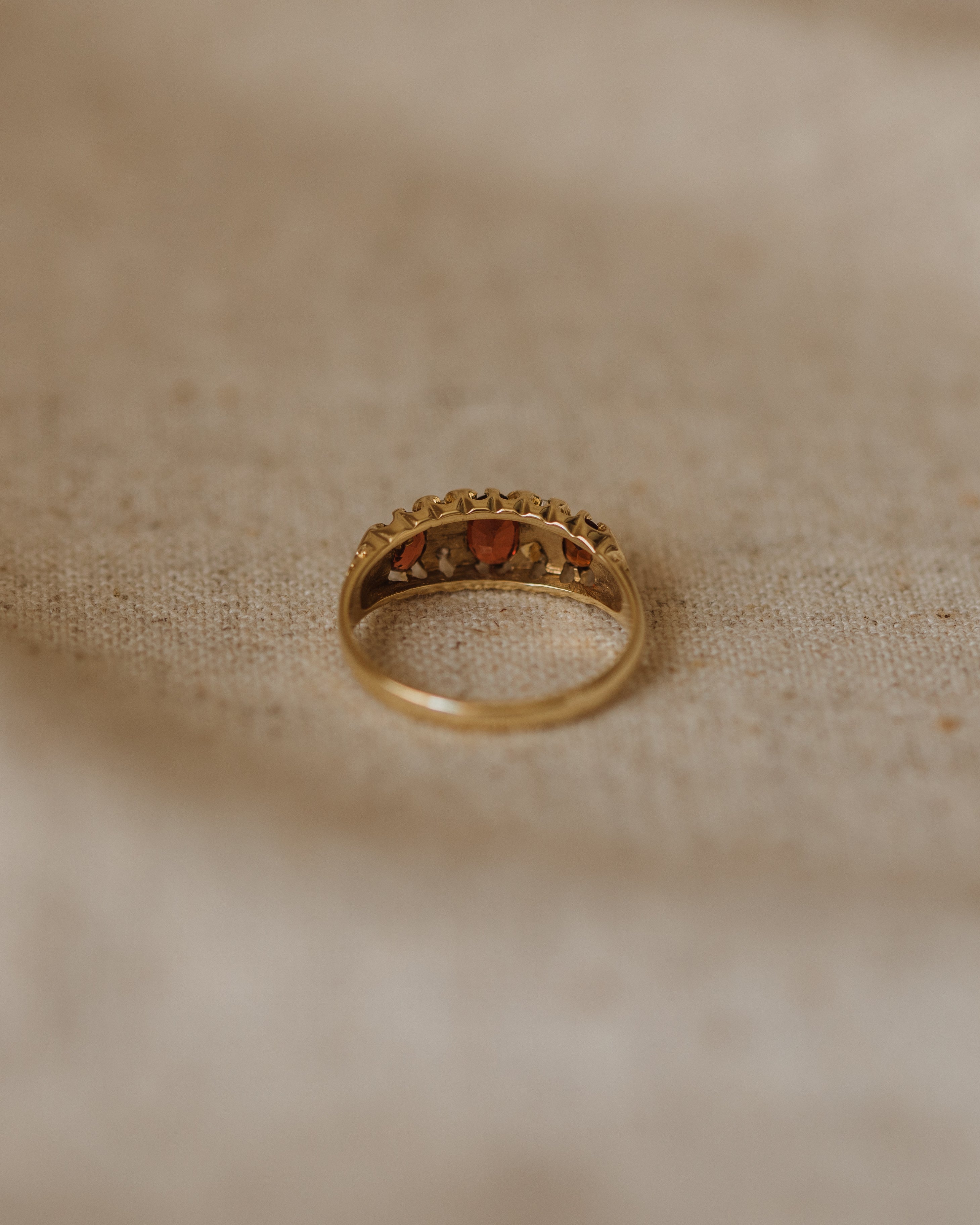 Camilla 1989 9ct Gold Garnet & Diamond Trilogy Ring
