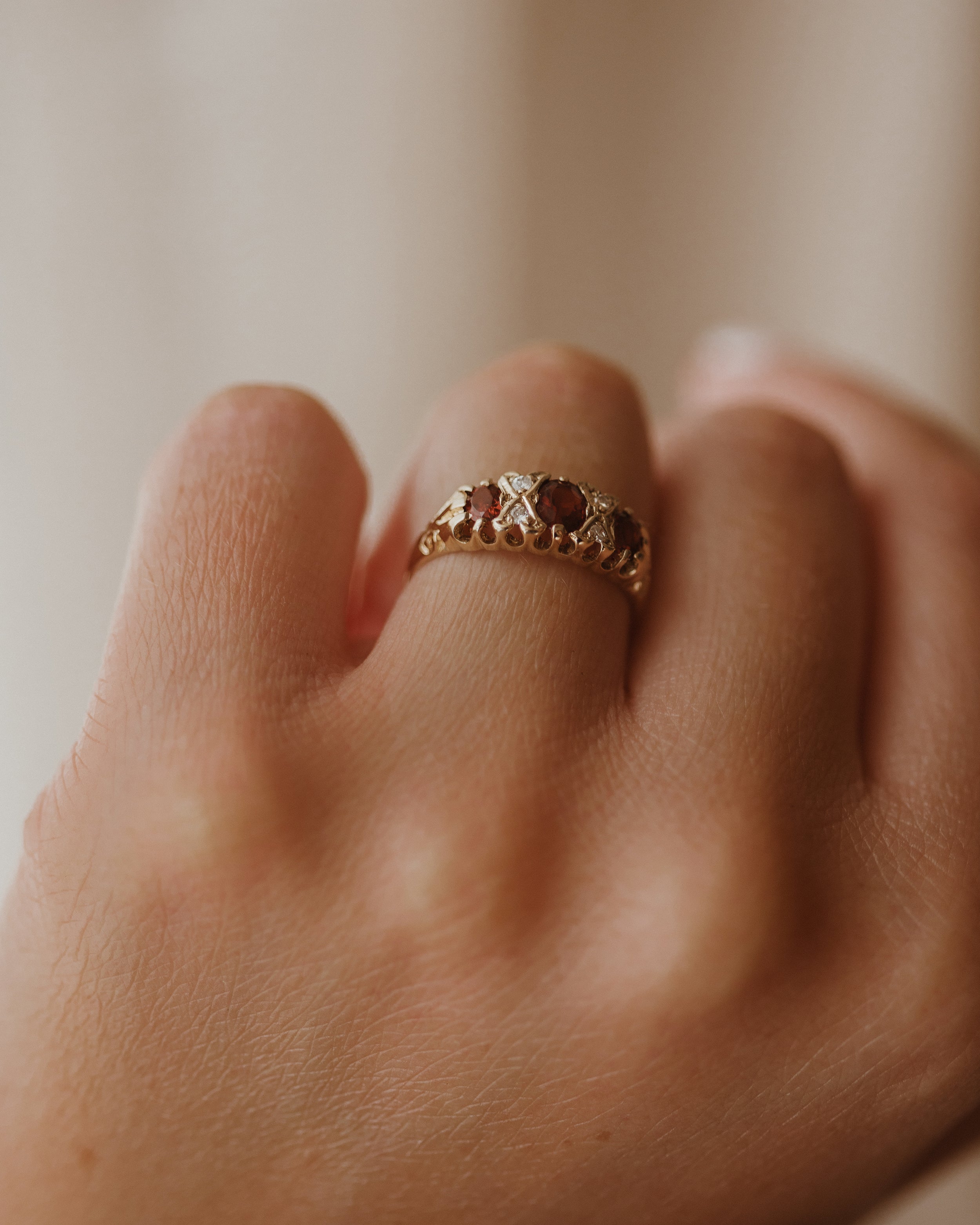 Camilla 1989 9ct Gold Garnet & Diamond Trilogy Ring