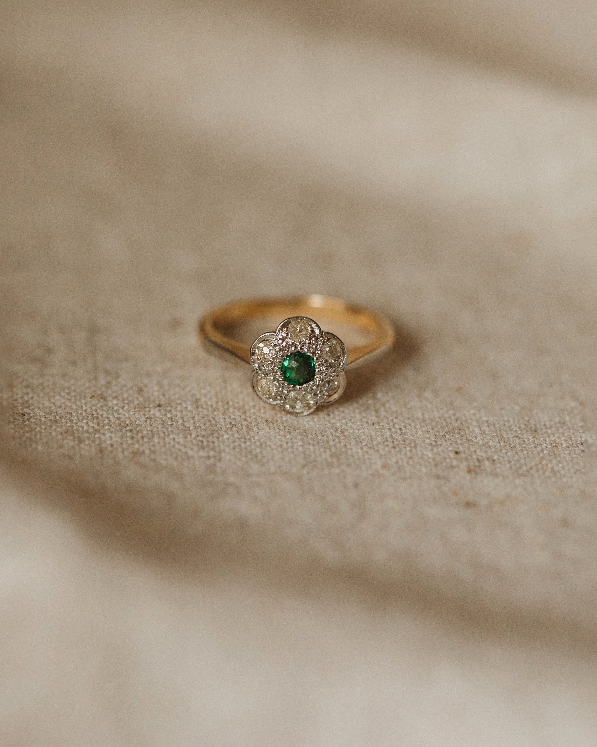 Image of Francine Antique 18ct Gold Emerald & Diamond Flower Cluster Ring