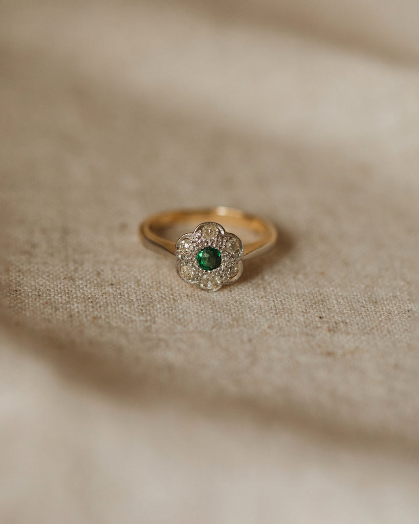 Francine Antique 18ct Gold Emerald & Diamond Flower Cluster Ring