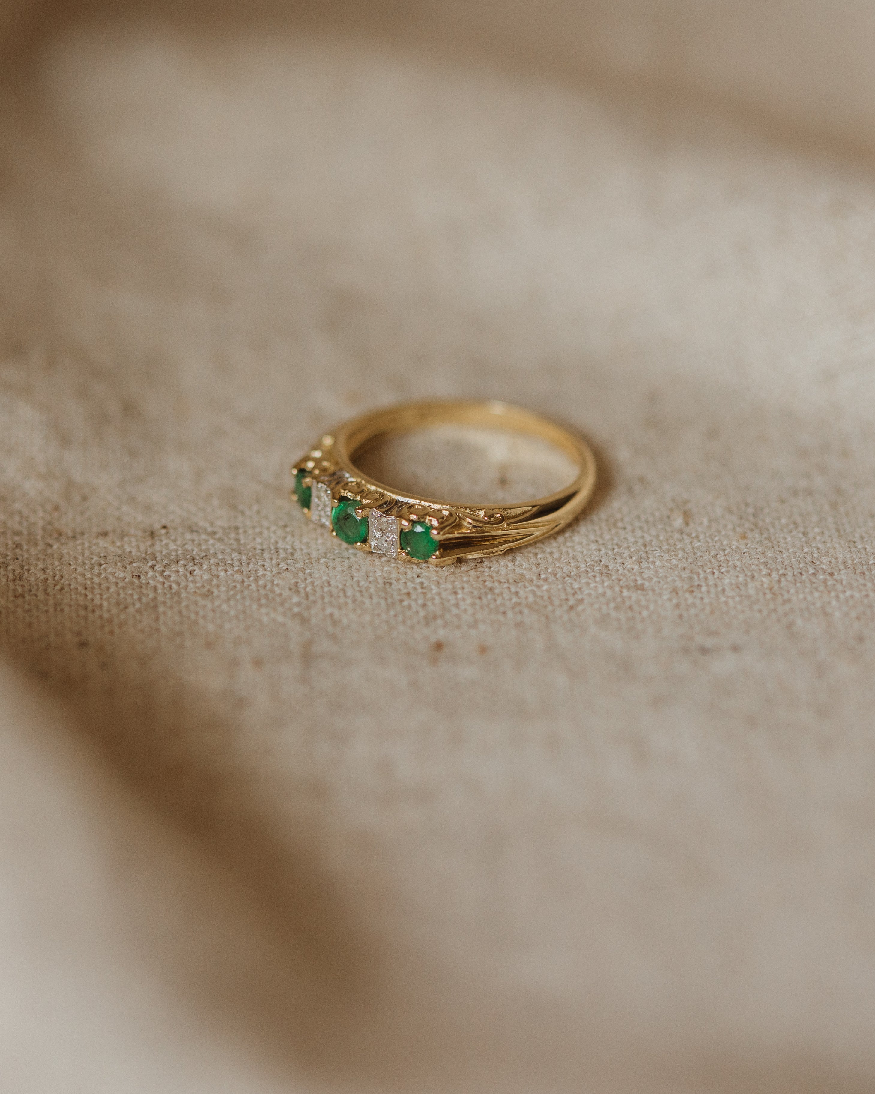 Mathilda Vintage 9ct Gold Emerald & Diamond Trilogy Ring