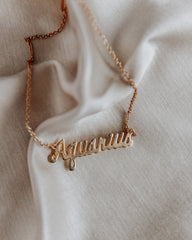 Aquarius Script Necklace Gold Zodiac Nameplate Rock N Rose