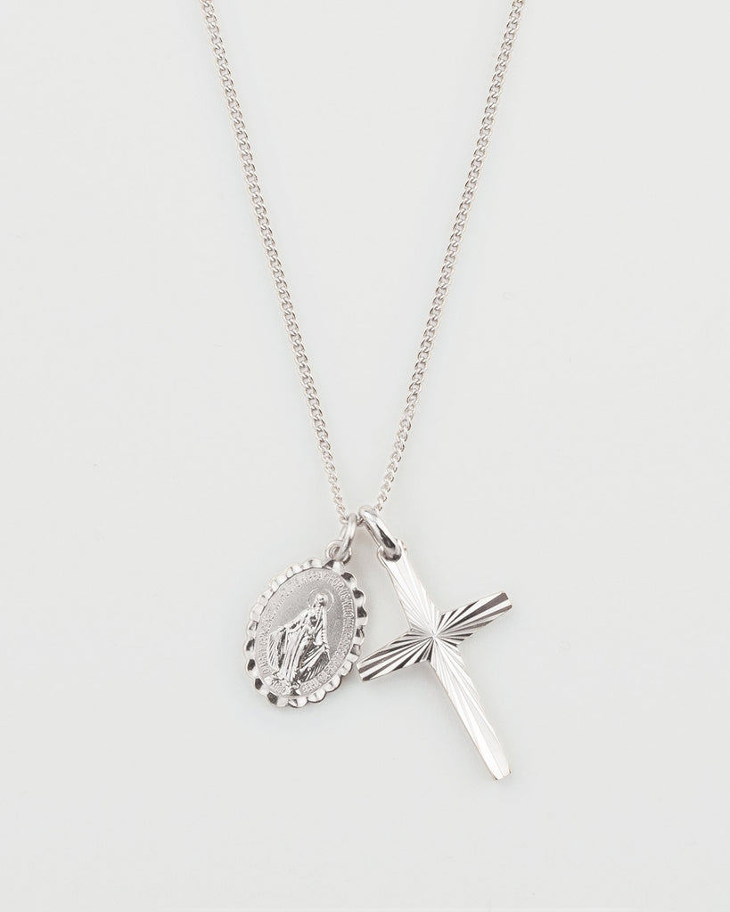 Magdalene Medal & Cross Double Pendant Necklace - Sterling Silver