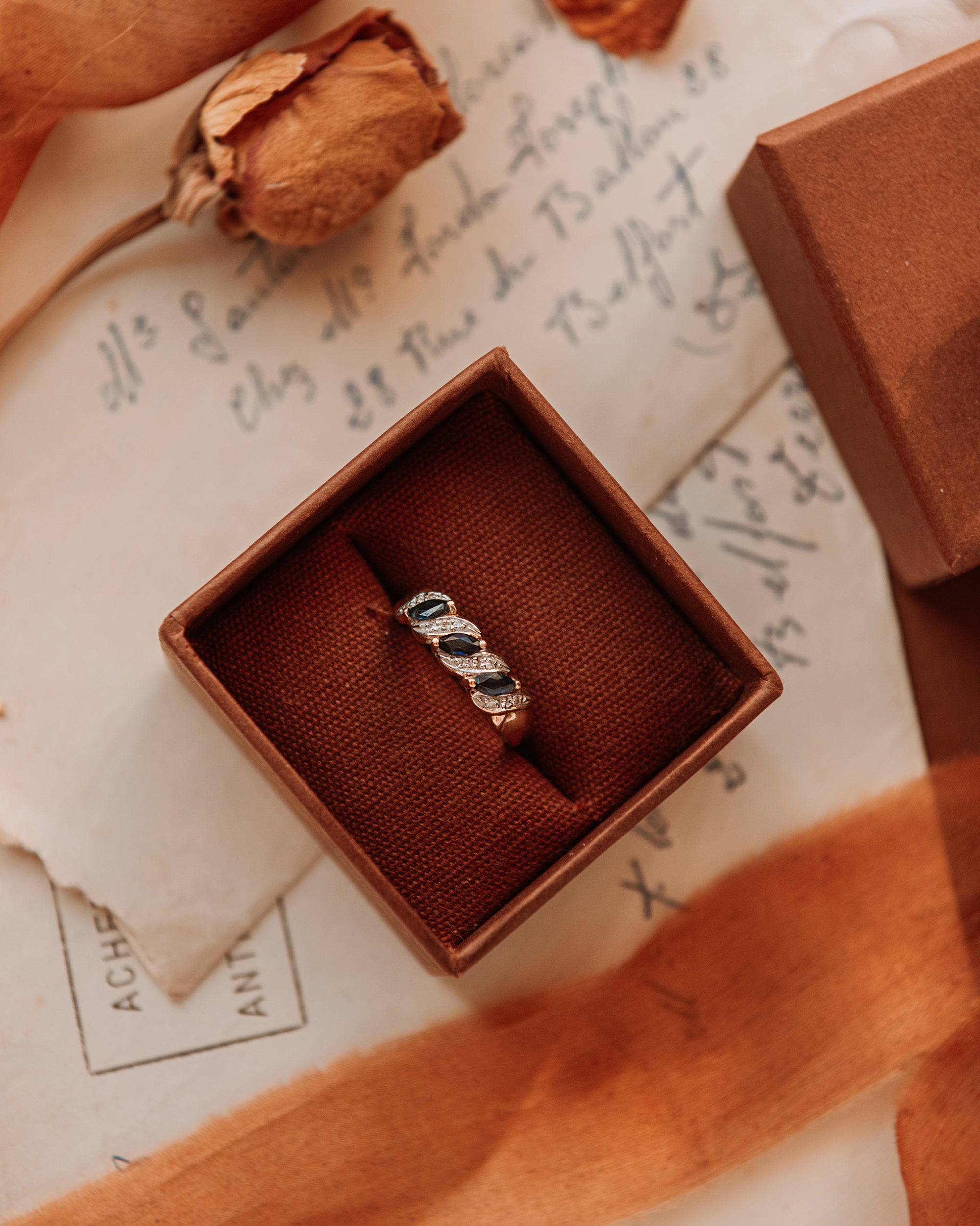Image of Juno 9ct Gold Vintage Diamond & Sapphire Ring