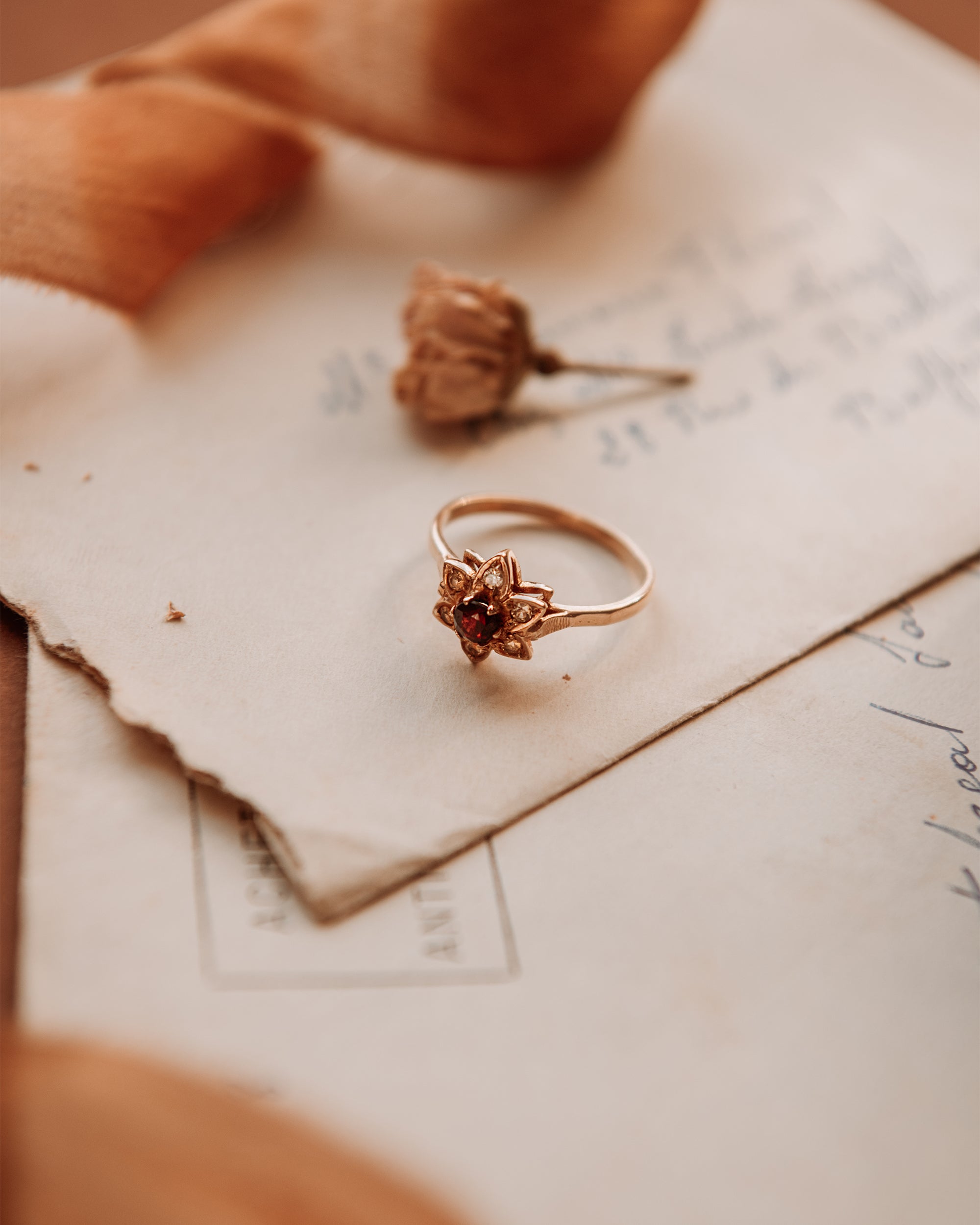 Image of Dahlia 9ct Gold Garnet Flower Ring